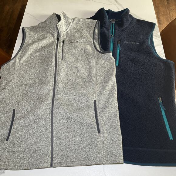 Eddie Bauer Lot of 2 Gray Blue Fleece Vest Zip Up Size TL Three Zip Pockets Logo - Picture 1 of 16